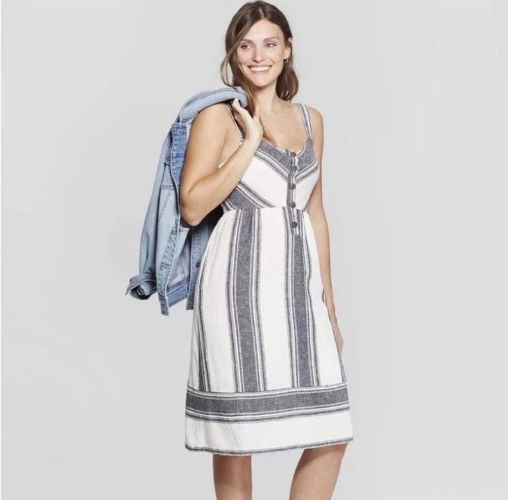 Universal Thread Striped Button Front Linen Blend Midi Dress Blue White Size M